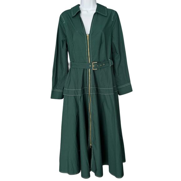 Anthropologie Long-Sleeve Belted Front-Zip Midi Dress Size Medium Green NEW - Picture 2 of 7